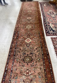 Handmade Persian hall runner with tan, brown and blue