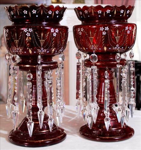 Pair of pigeon blood mantle lusters with gold enamel paint, 14 in. T.: Pair of pigeon blood mantle lusters with gold enamel paint, 14 in. T, 7 in. Dia.