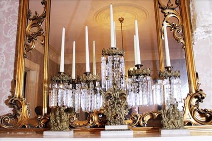 3 piece set of brass girandoles with marble base, original prisms