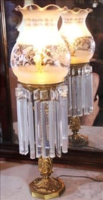 Bronze astral lamp with original 9 in. Prisms, 26 in. T, was oil