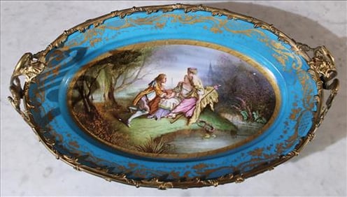 Severs blue center bowl with gold enamel paint, bronze accents