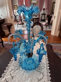 Rare blue glass epergne with 1 trumpet and 4 baskets,  25 in. T.
