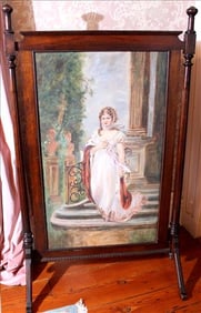 Rosewood fire screen with hand painted canvas