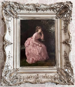 Oil on canvas of Victorian woman in pink dress, signed Rougeron