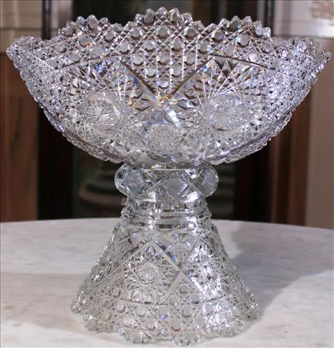 2 piece brilliant cut glass punch bowl in mint condition, 12 in. Dia.: 2 piece brilliant cut glass punch bowl in mint condition, 12 in. Dia, 13 in. W.