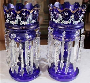Pair of rare blue double ring Victorian mantle lusters