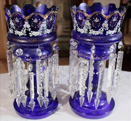 Pair of rare blue double ring Victorian mantle lusters: Pair of rare Victorian double ring blue mantle lusters with enamel paint and cut prisms, 14 in. T.