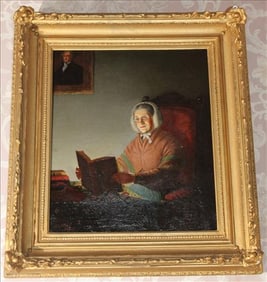 Oil on canvas of Antebellum lady reading a book, 28 x 31