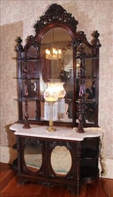 Rosewood rococo etagere w mirrored doors, carved top to bottom