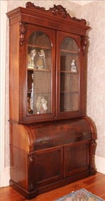 Oversize walnut roll top secretary desk, 9 ft. 5 in. T, 22.5 in. D.