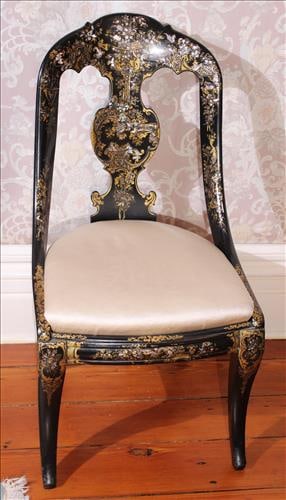 Black ebonized desk chair with mother of pearl decoration: Black ebonized desk chair with mother of pearl decoration, 36 in. T, 17 in. D, 18 in. W.