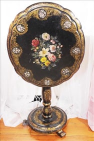 Black paper Mache tilt top table with hand painted flowers