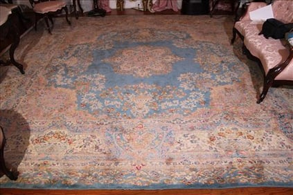 Handmade Oriental antique square rug  with blue, pink and tan, 13 ft. 4 in. x 12 ft. 2 in.