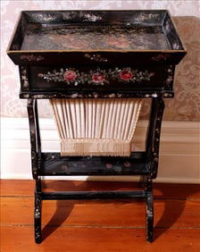 Black paper Mache sewing table with mother of pear, 2 drawers