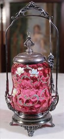 Silver-plate cranberry pickle caster with lid and enamel paint