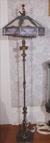 Purple slag glass pole lamp with round black marble base, 67 in. T.