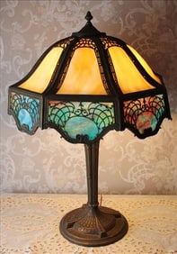 Slag glass panel lamp, ca. 1920's, blue and gold, 29 in. T.