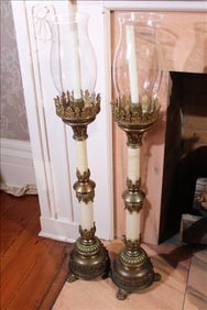 Matched pair of alabaster and brass candle holders, 40 in. T.