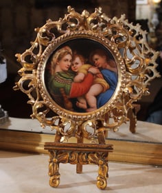 2 small photos of Madonna and child painted on porcelain