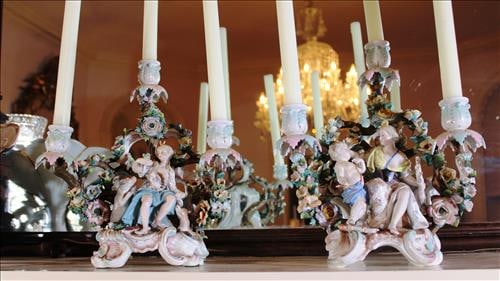 Pair of Meissen hand painted 3 light candelabras, 12 in. T, 11 in. W.