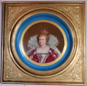 Hand painted porcelain of Queen Elizabeth First in gold gilded square frame, signed 29 in. Square