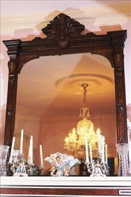 Walnut Renaissance over the mantle mirror with gold sizing and burl trim, 78 in T, 57 in .W, 4 in.