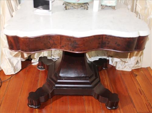 Mahogany Empire center table with large pedestal, claw feet, original finish and thick marble, (1 of 4)