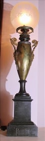 Pair of metal double handle tall lamps with etched glass shades, signed France on each one, 15 in.