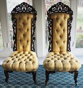 Unusual Meeks rosewood rococo high back slipper chairs with new yellow upholstery