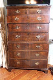 Old antique 8 drawer highboy chest with brass pulls, 67 in. T, 41 in. W, 19 in. D.