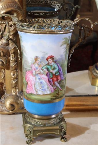 Signed Sevres vase with blue and gold enamel paint and bronze mounts, 14 in. T. (1 of 3)