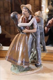 Ladro hand painted porcelain figurine, signed Spain, of young girl and daddy, 13.5 in. T, 12 in. W.