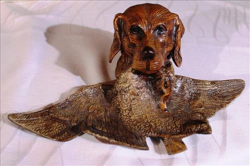 Bronze ink well of dog holding a duck, 3 in. T, 11 in. W. (1 of 4)
