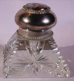 Crystal ink well with sterling rim, 3 in T, 3 in. W.