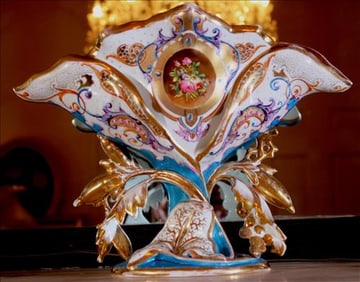 Old Paris hand painted vase with gold enamel paint, 10 in. T,  14 in. W.
