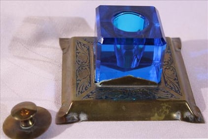 Blue glass ink well with silver-late accents, 4.5 in. W.