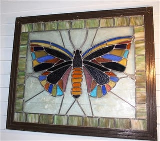Square stained glass framed butterfly, 35 x 42