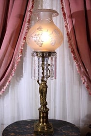 Astral lamp with bronze figural of a lady holding up lamp, 33 in. T.