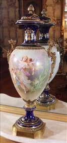 Beautiful old antique Sevres caped urn, signed, 34 in. T