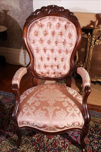 Pair of Walnut Victorian parlor arm chairs  with carved grape crown (1 of 5)