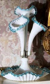 3 trumpet Fenton case glass epergne with blue rim, 15 in. T, 12 in. R.