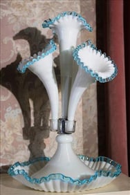 3 trumpet Fenton case glass epergne with blue rim, 15 in. T, 12 in. R.