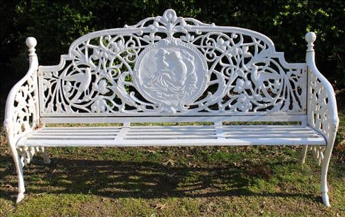 Beautiful heavy cast iron garden bench, with birds and lady in back (1 of 5)