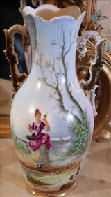 Blue Old Paris vase with double handles, hand painted figures, 13 in. T.