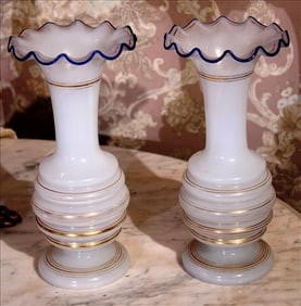Pair of and blown glass vases with gold vines, 13 in. T.