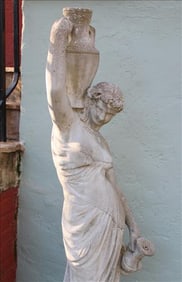 Old concrete statue of Greek girl, was a fountain, stands 68 in. T.