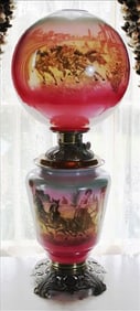 Gone with the wind lamp, pink and blue, was oil, 31 in. T
