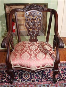 Solid mahogany arm parlor with new upholstery, chair ca. 1890