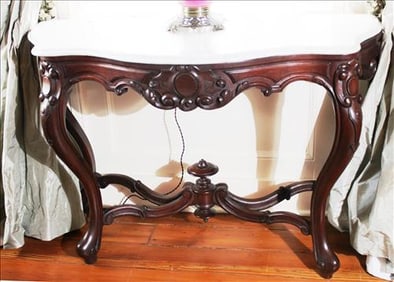 Walnut Victorian console table with white marble top