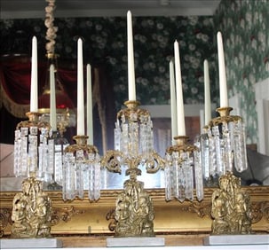 3 piece brass girandole set with crystal prisms and marble base
